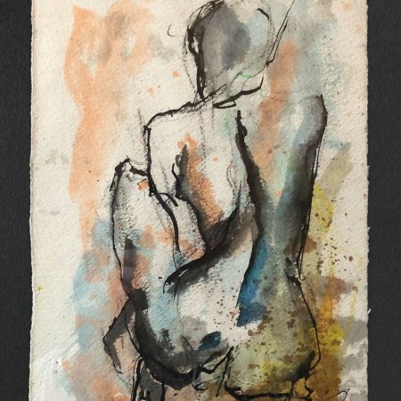 Abstract female figure in ink with various colours and black outline, figure is turned away and sat down